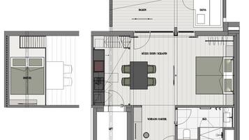 Grundriss eines Hotels mit Balkon, Sauna, Küche, Essbereich und Garten.