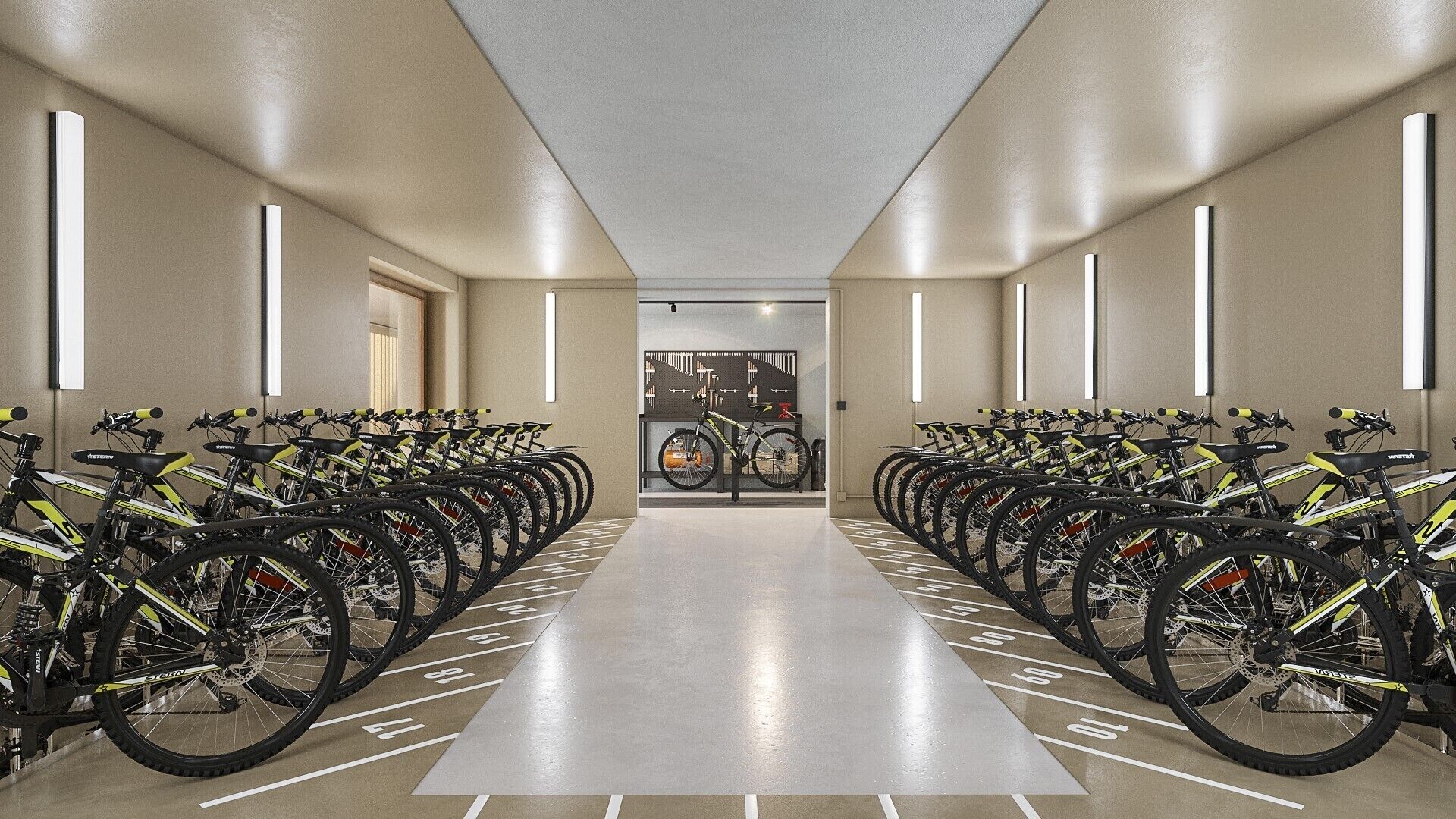 A bike rental station with rows of bicycles, a clean floor, and a modern interior design.
