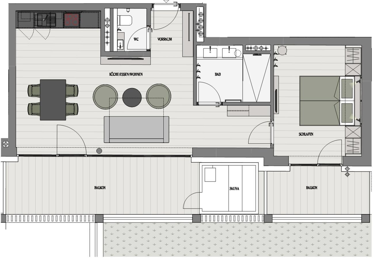 Plano de un cuarto de hotel con baño, kitchenette, zona de comedor y un pequeño balcón.