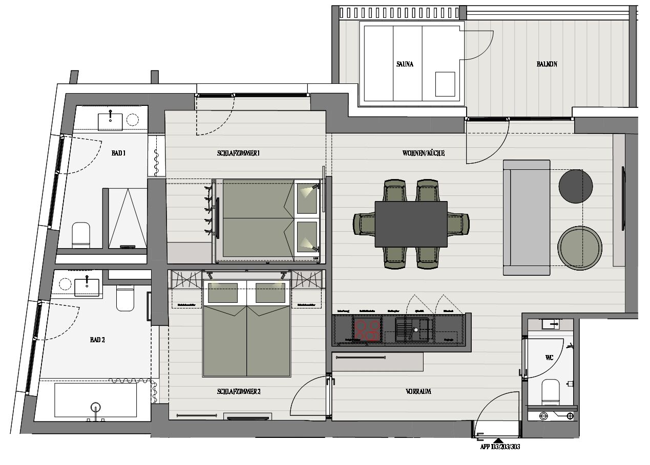 Plano de distribución de un hotel que incluye sala de estar, comedor, cocina, baño y dos dormitorios.