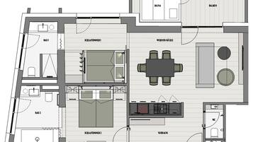 Plano de distribución de un hotel que incluye sala de estar, comedor, cocina, baño y dos dormitorios.