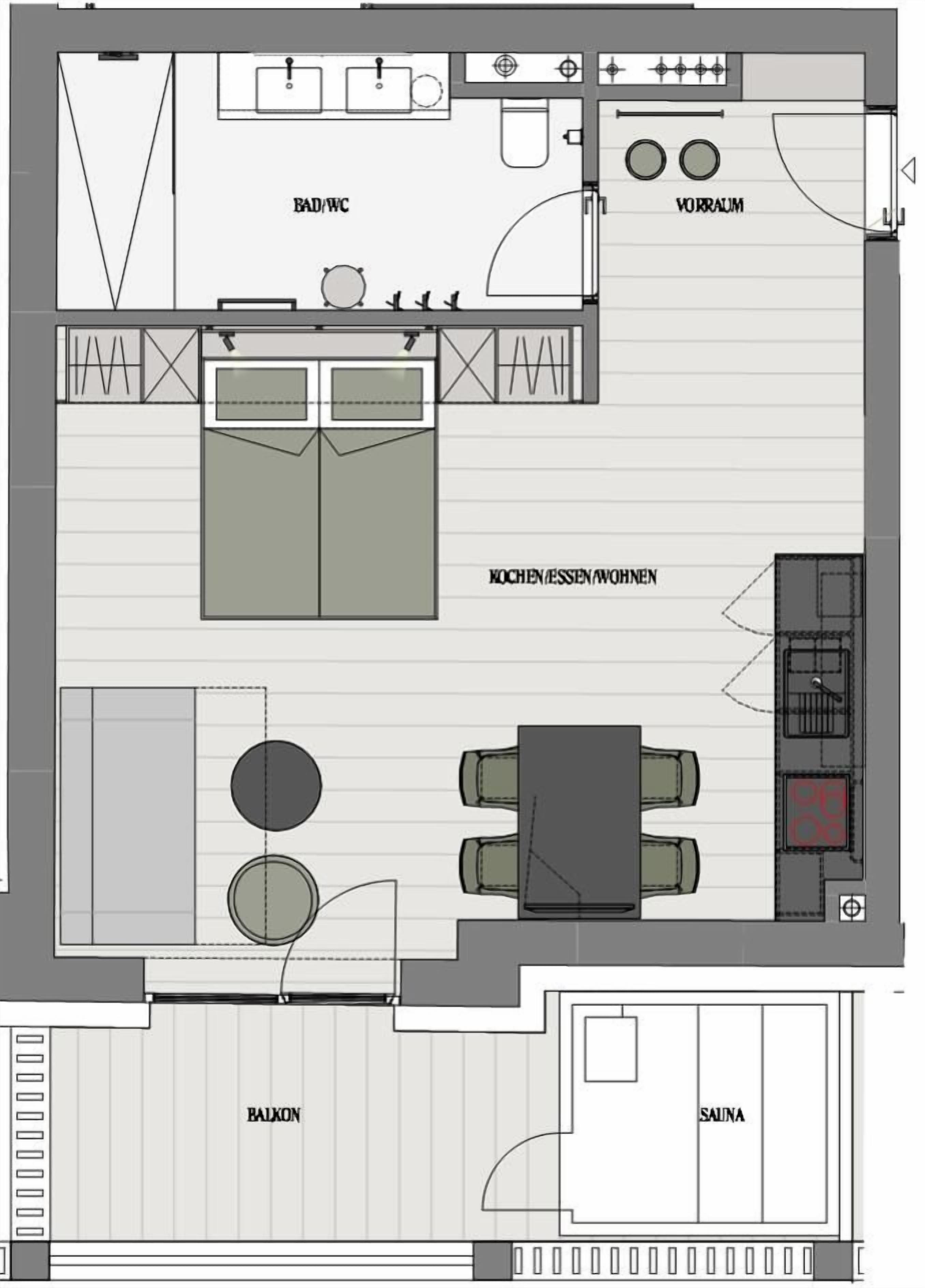 Distribución de un hotel que incluye cocina, comedor, baño y sauna.