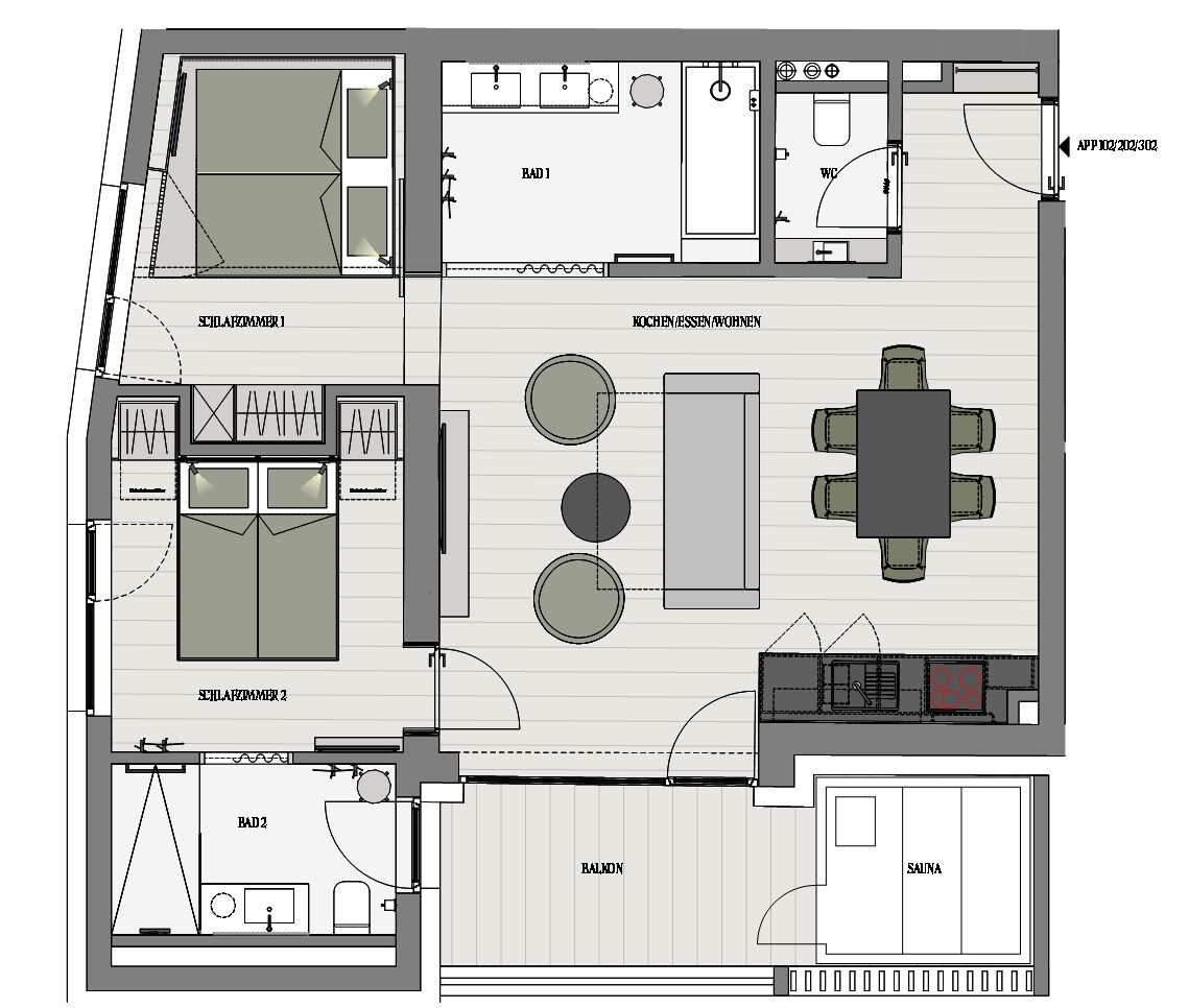 Plano de planta de un hotel con dos dormitorios, cocina, comedor, baño, balcón y sauna.