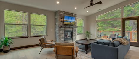 TV, fireplace, video games, stereo