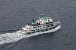 Experience the thrill of cruising on this large ferry boat, offering multiple levels of seating for passengers.