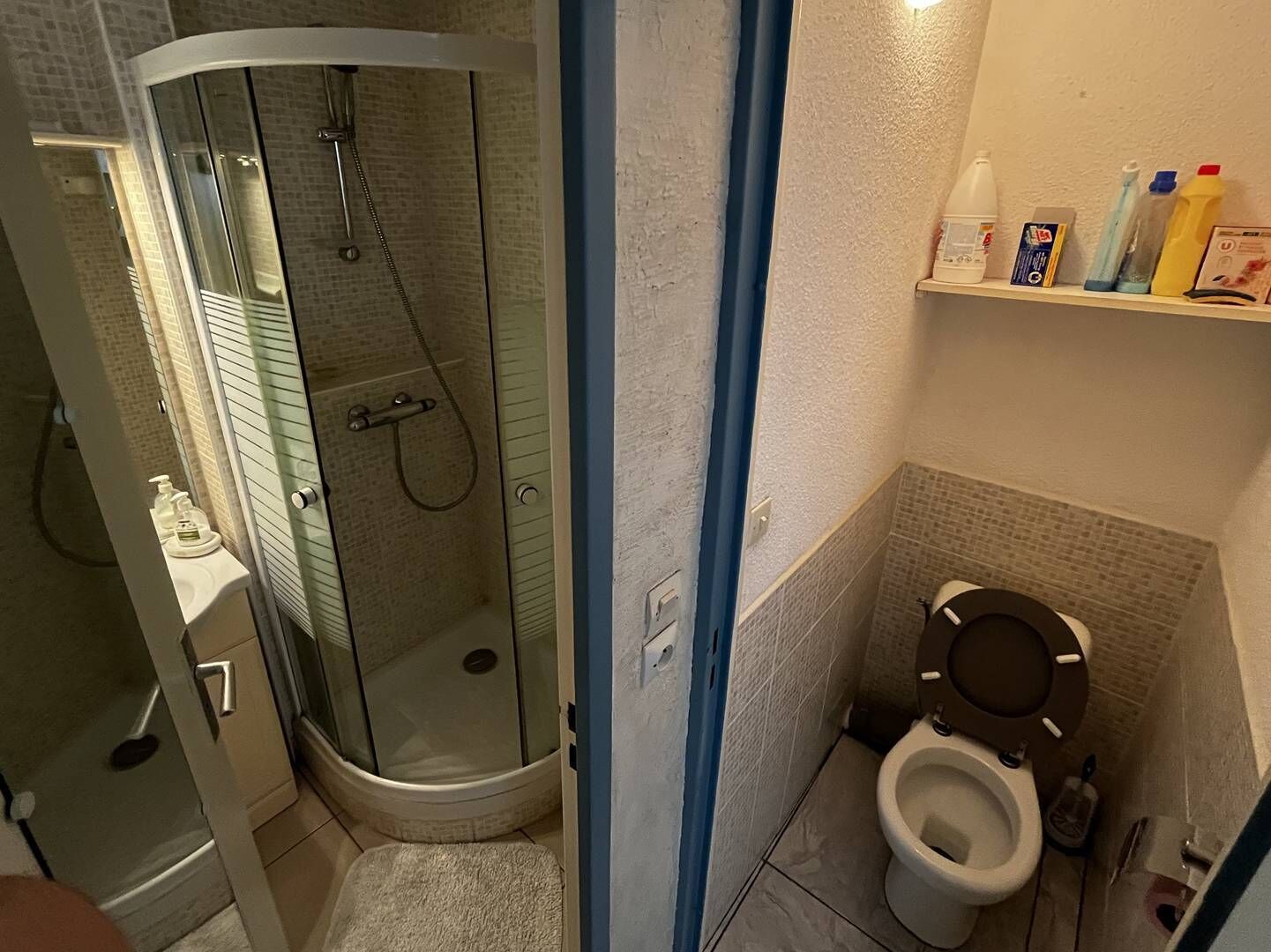 Een badkamer met een douche met glazen wand, een toilet en een plank met toiletartikelen.