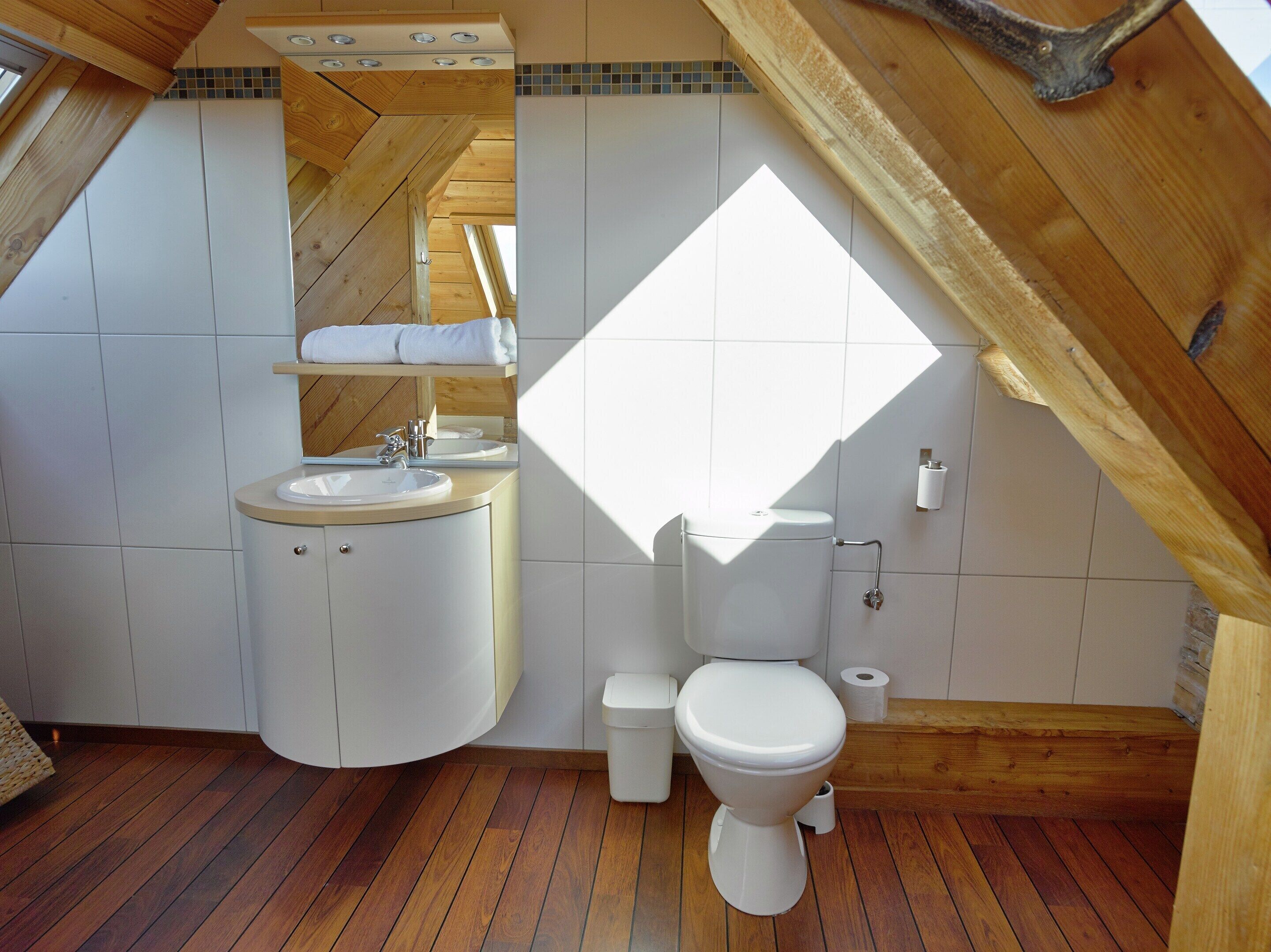 Een moderne badkamer met een houten plafond, een wastafel, een toilet en een spiegel.