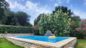 A rectangular swimming pool with a stone border, surrounded by a well-maintained lawn and various flowering plants. - Villa in Corfu Near Porto Timoni Beach (Corfu)