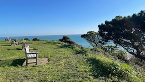 Une zone herbeuse avec des bancs, d’où l’on a vue sur un plan d’eau.