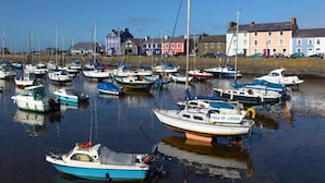 A marina with various boats docked, a clear sky, and colorful buildings in the background. - Holiday Home in Ceredigion Near Seashore (Llanon)