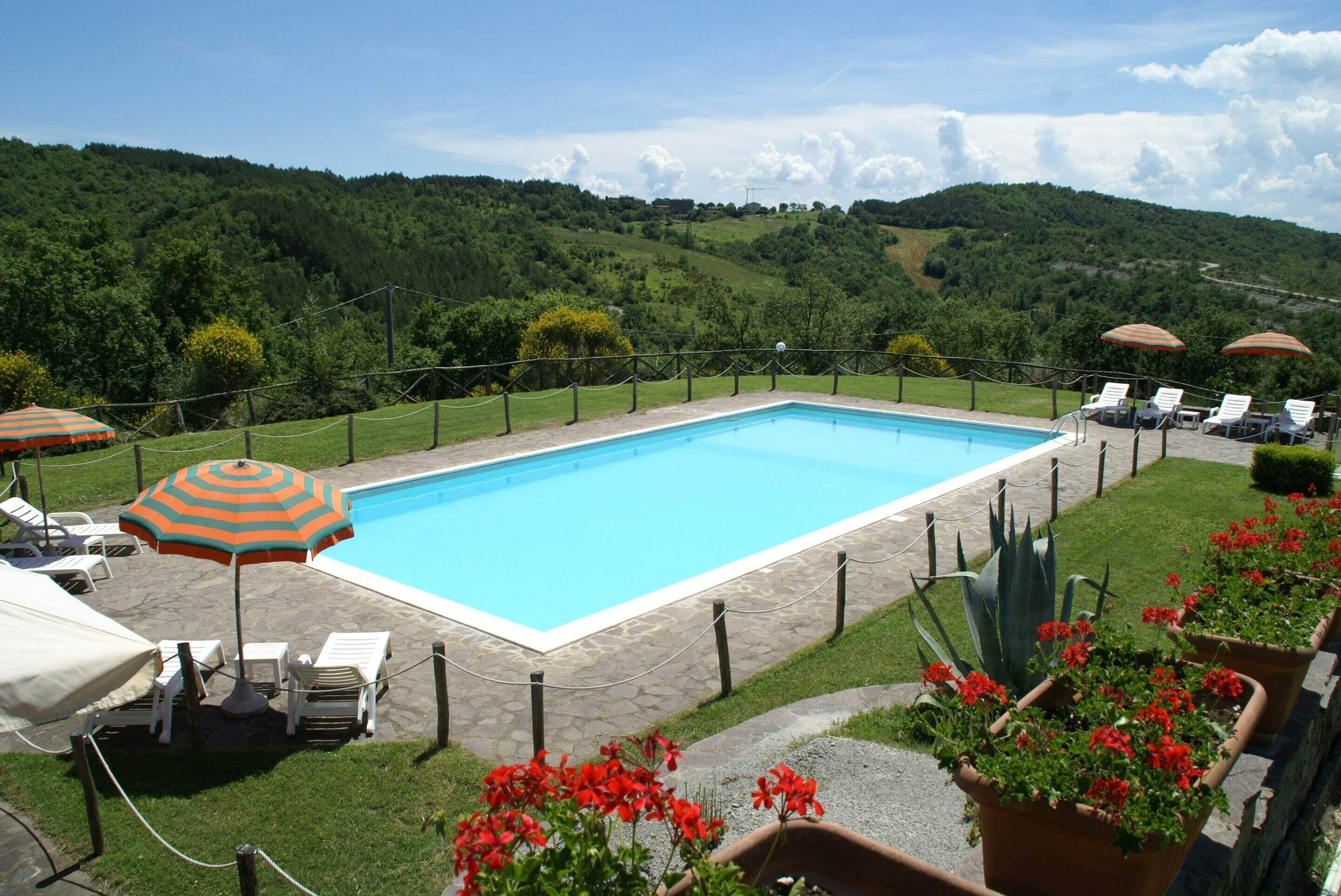 A rectangular swimming pool with a stone deck, surrounded by lounge chairs and umbrellas, set against a backdrop of green hills and a clear sky.