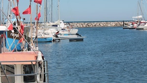 A marina with several boats docked, including a blue boat named 'FREMAD'.