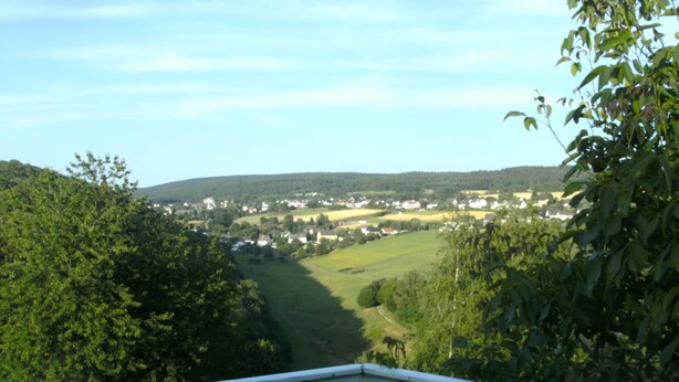 A view from a balcony overlooking a valley with houses and greenery. - Cozy Morbach Getaway (Morbach)