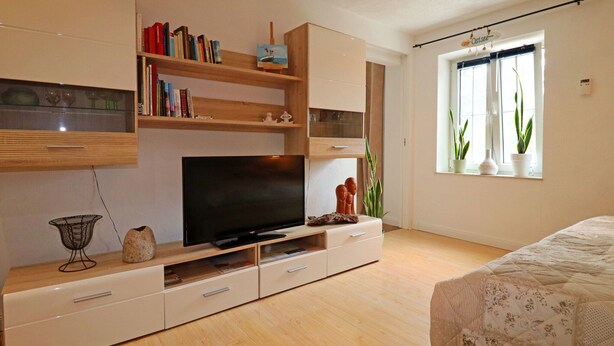 Un dormitorio moderno con una televisión de pantalla plana, estanterías de madera, una cama con colcha estampada y un ventanal con plantas.