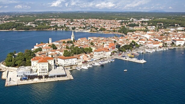 An aerial view of a coastal town with a marina, historic buildings, and a prominent tower. - Gorgeous Villa With Private Pool and Covered Terrace & Sea View (Kastelir-Labinci)