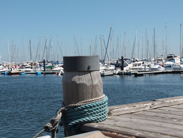 A wooden dock with a rope tied to a post, a marina with multiple sailboats in the background. - Ferienwohnung in Steffenshagen mit Terrasse (Steffenshagen)