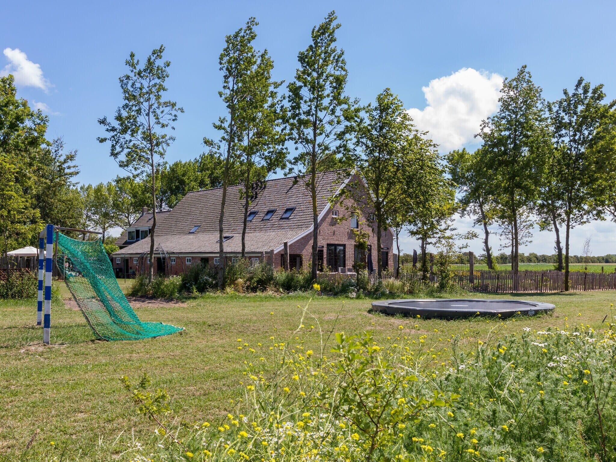 A grassy area with a trampoline and a soccer goal.