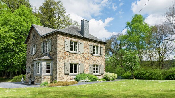 A stone house with a chimney, a porch, and a well-maintained lawn. - Sunny Garden Cottage, Alle (Vresse-sur-Semois)