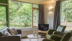 Een gezellige woonkamer met een bank, fauteuil en een televisie op een houten dressoir. Grote ramen bieden uitzicht op groen buiten.