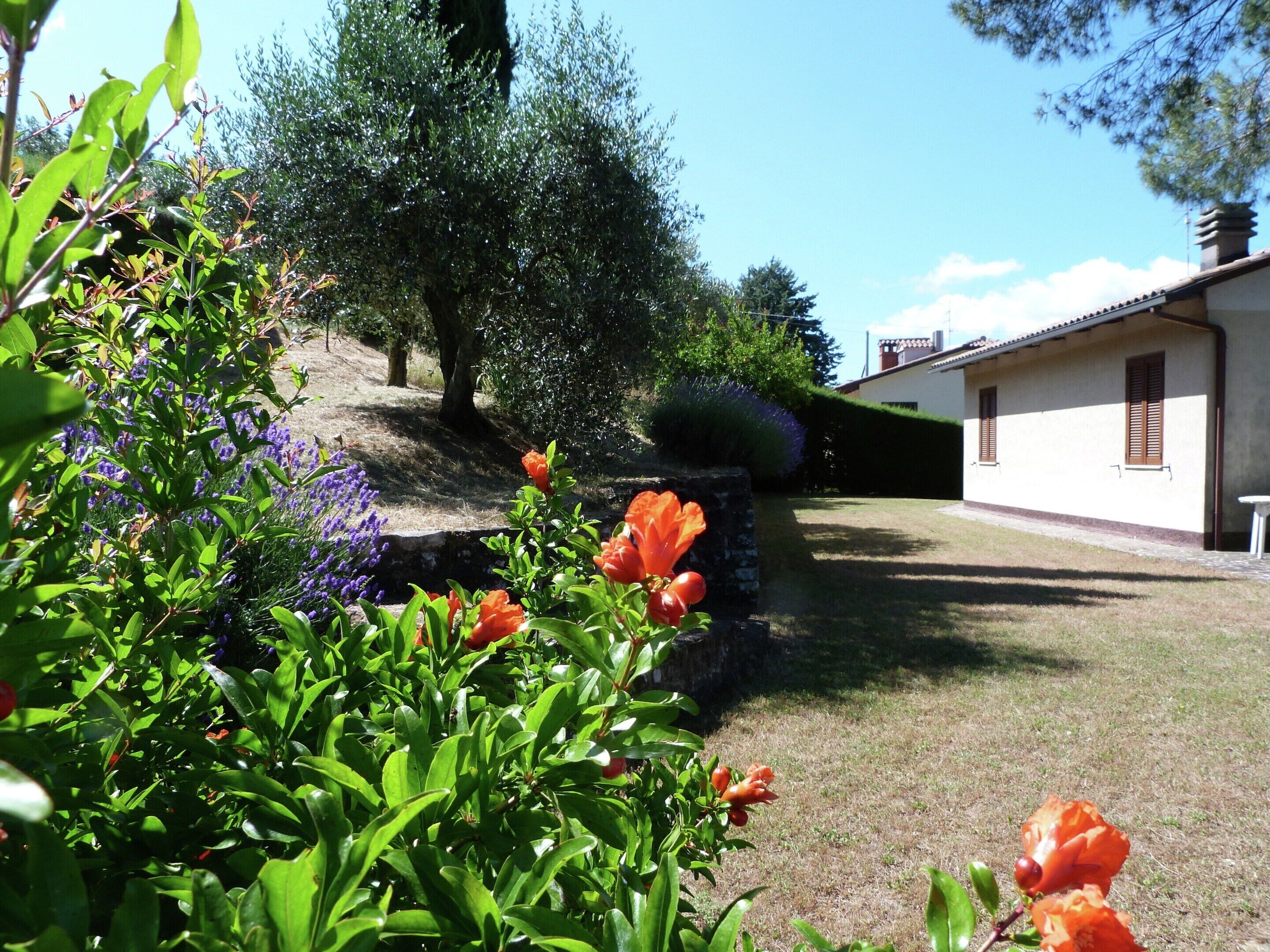 A garden with various plants and flowers, a stone wall, and a building with a tiled roof.