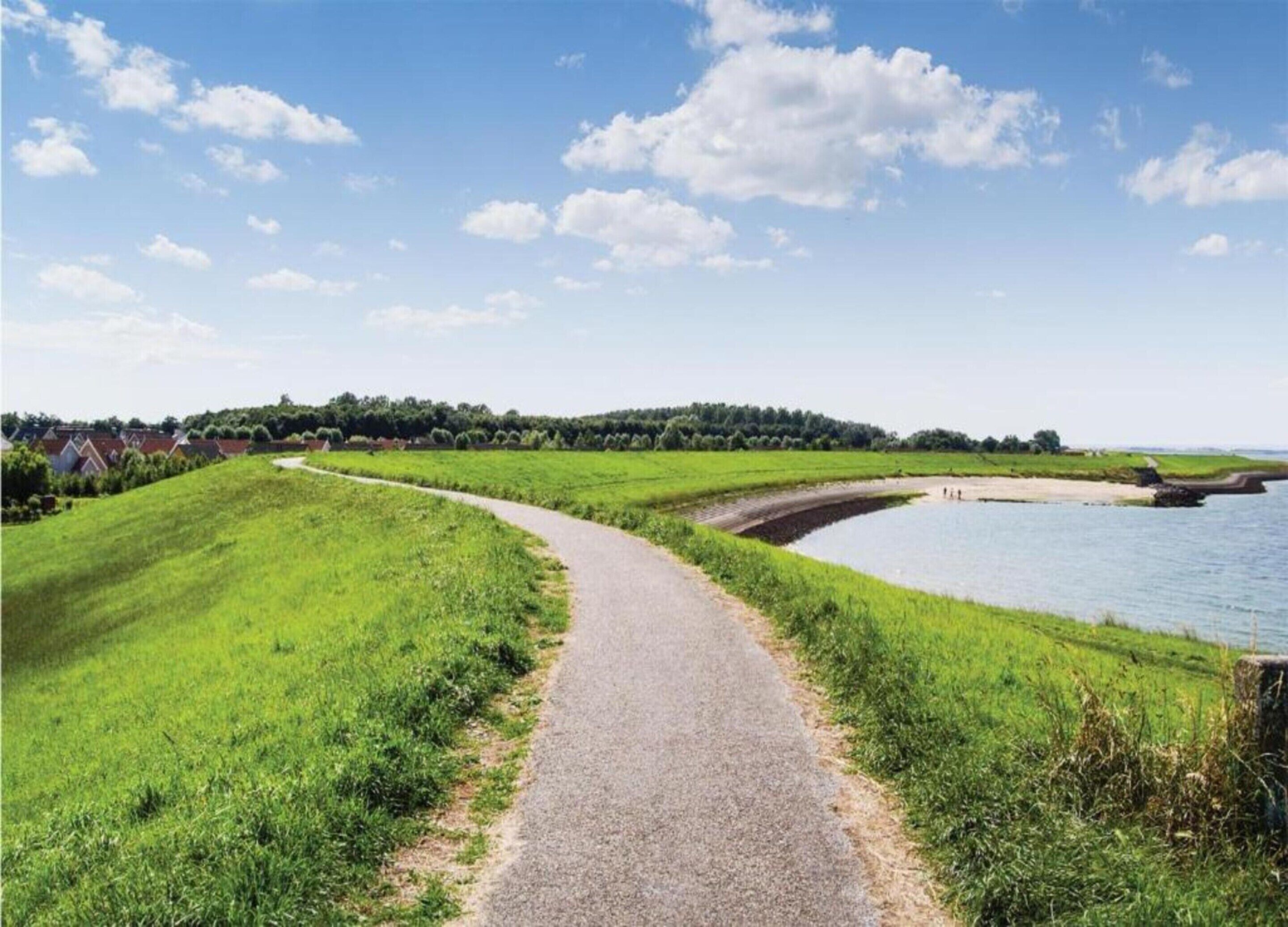 A gravel path leading to a body of water with a grassy field on one side and a row of houses in the background.