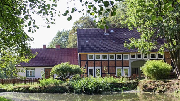 A traditional half-timbered house with a red-tiled roof, a pond in the foreground, and surrounding greenery. - Chic Apartment in Hessisch Oldendorf (Hessisch Oldendorf)