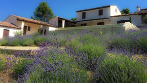 Una vila amb mur de pedra, terrassa i jardí de lavanda.