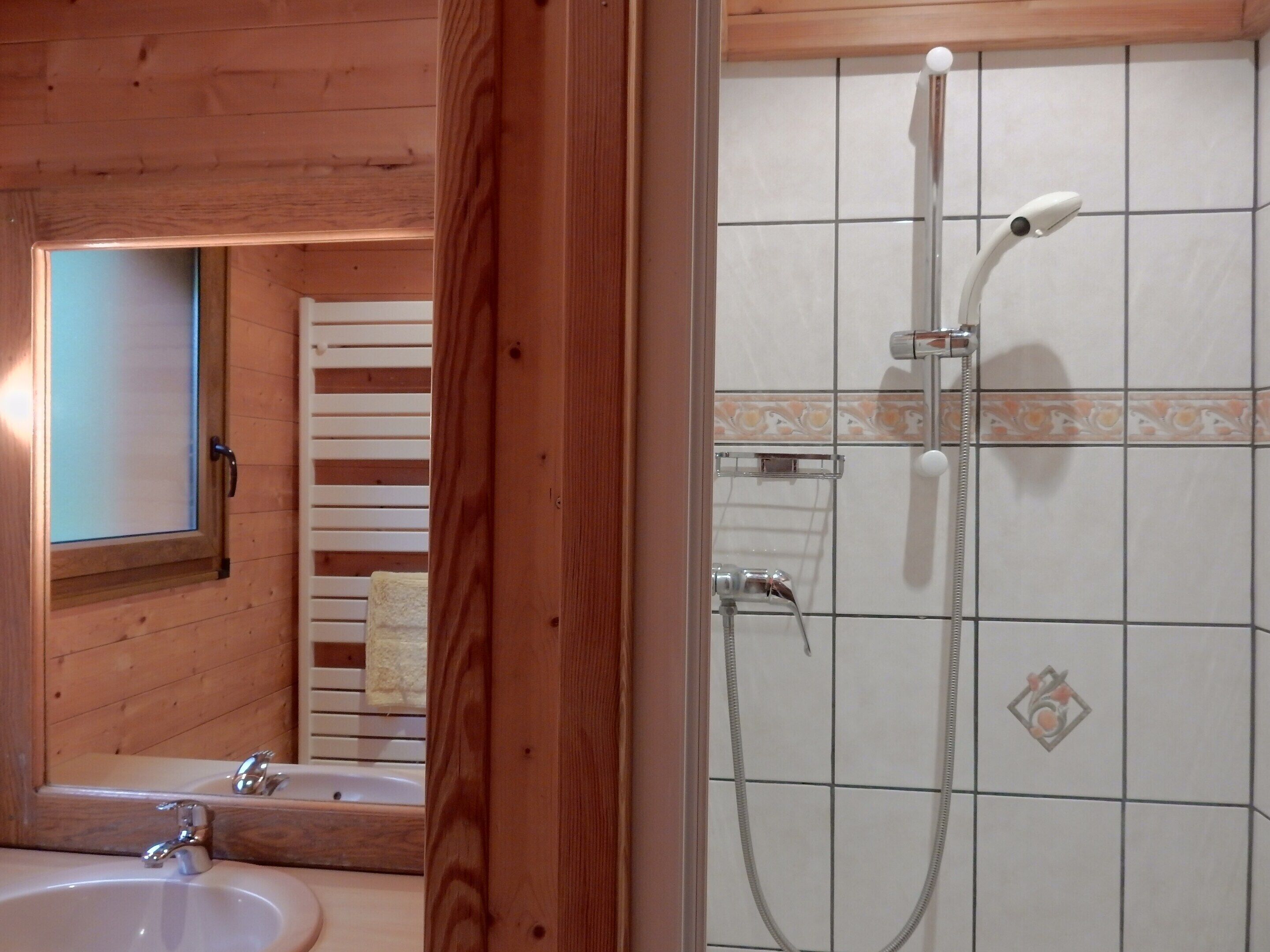 A bathroom with a wooden interior, a sink, a mirror, and a shower with a handheld showerhead.