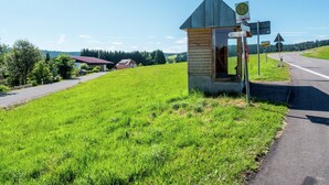 A small wooden structure with a metal roof, possibly a shelter or information booth, located beside a road with a grassy field and a few buildings in the background. - Ferienhaus in Herrischried (Herrischried)