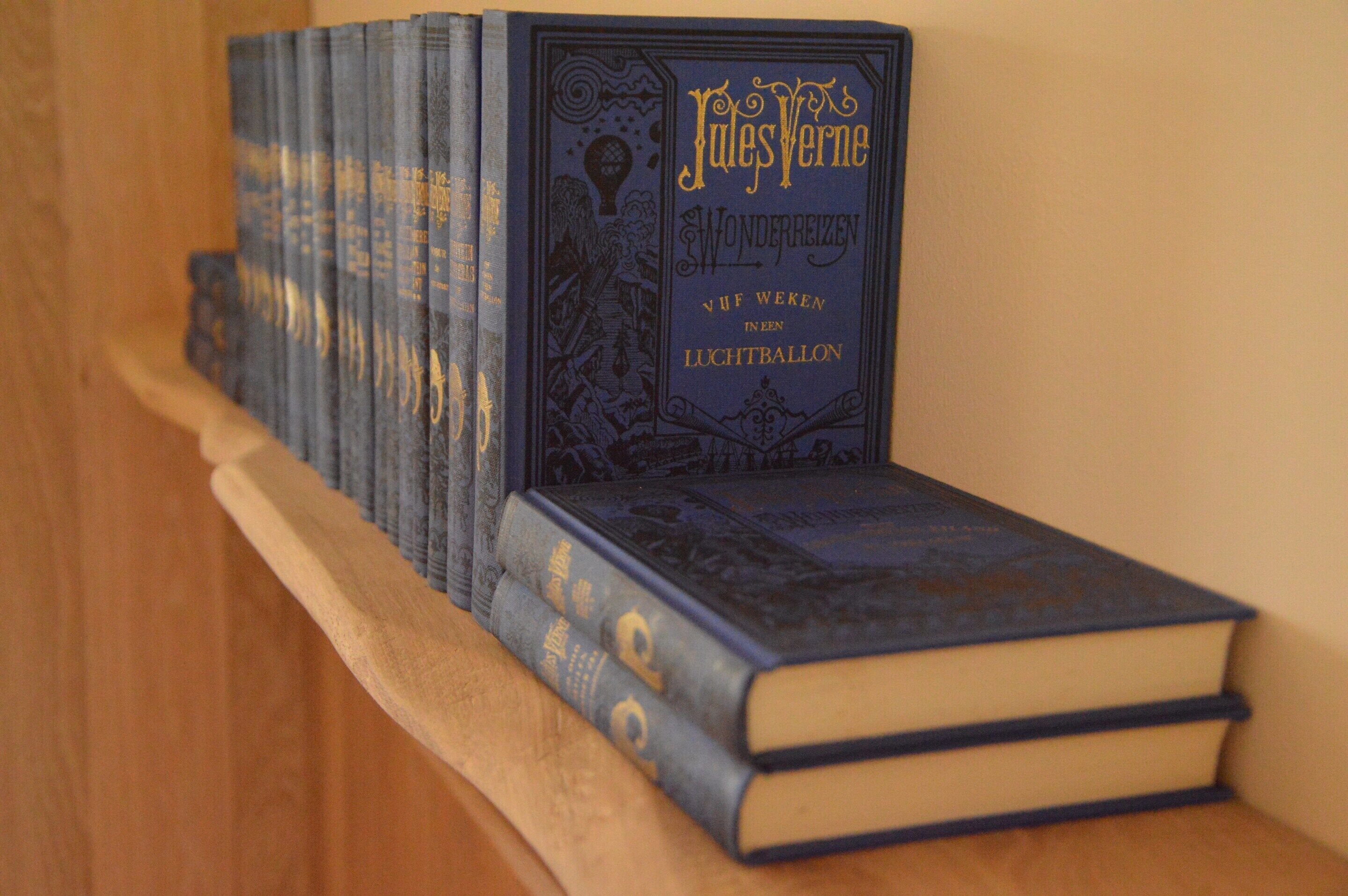 A collection of books on a wooden shelf.