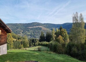 Eine Holzhütte mit Blick auf ein bewaldetes Tal und Hügel.