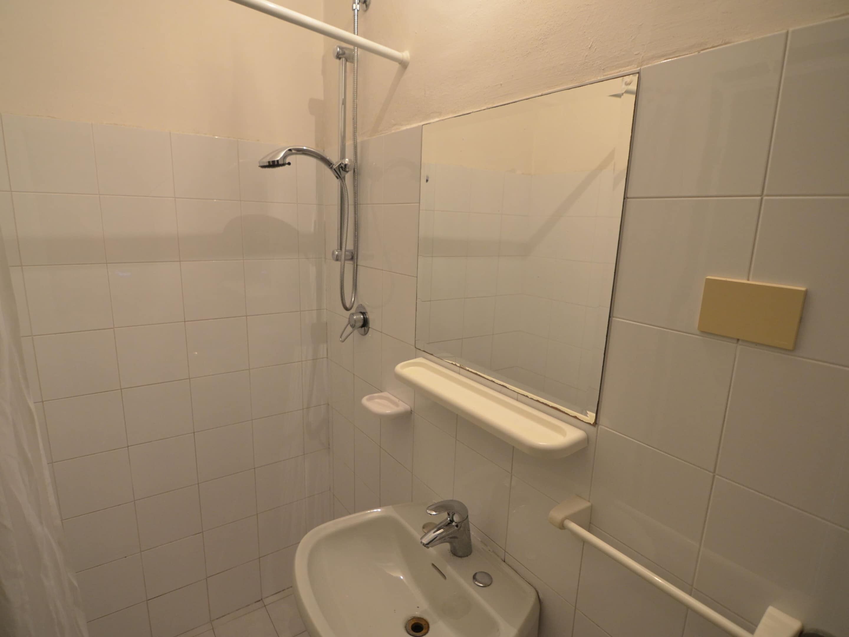 A bathroom with a shower, a sink, and a mirror.