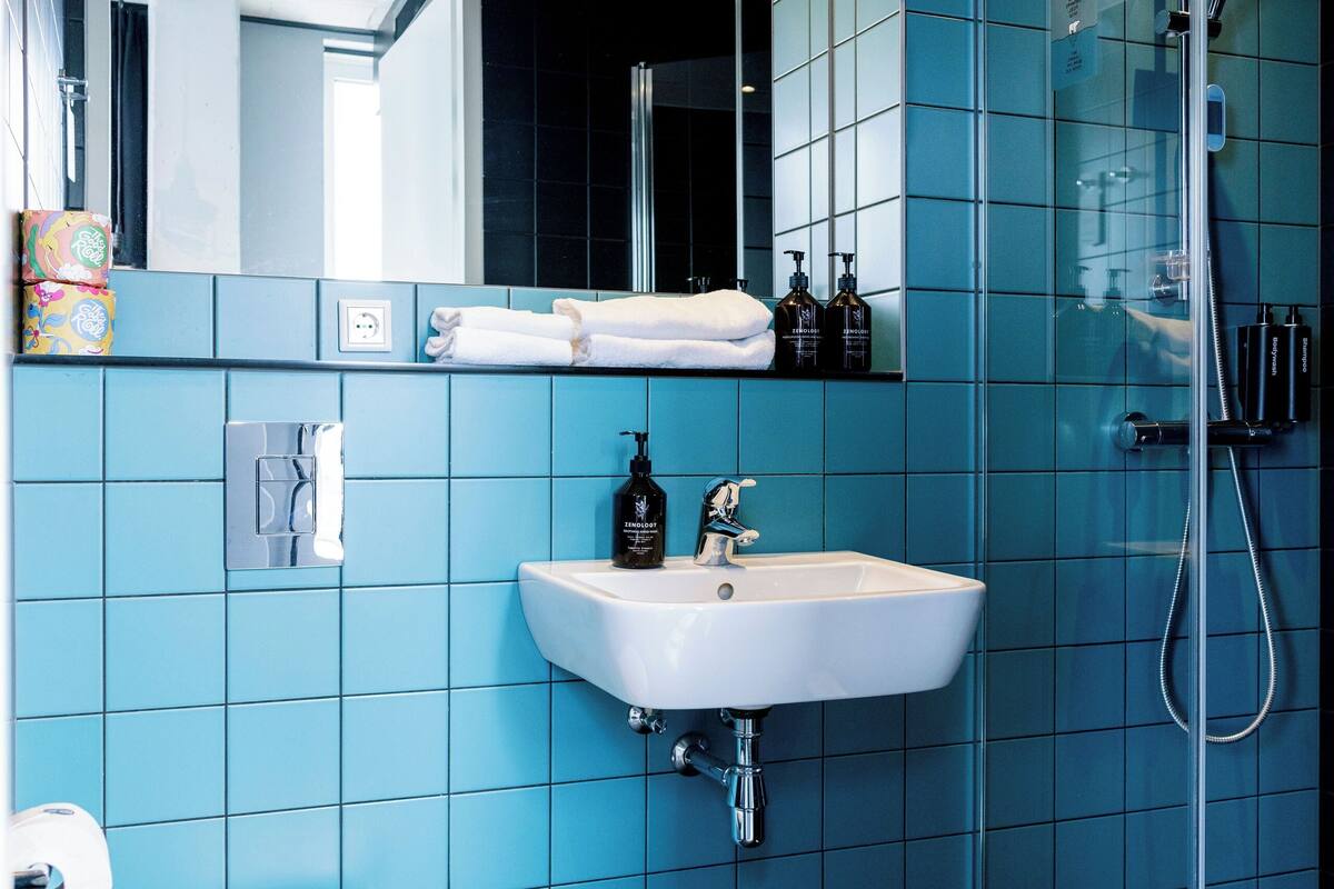 shower, free toiletries, hair dryer, towels