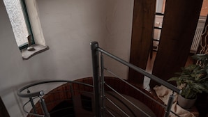 A spiral staircase with metal railings, a potted plant, and a window with a decorative frame.