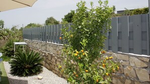 Un jardín con pared de piedra, cerca metálica y luz alimentada por energía solar.