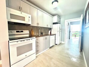 Microwave, dishwasher, coffee/tea maker, cookware/dishes/utensils
