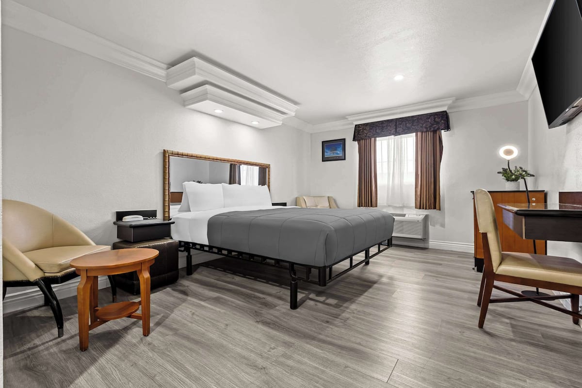 A hotel room with a bed, a desk, a chair, a small table, a TV, and a window with curtains.
