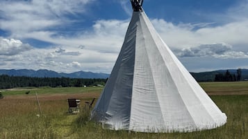A tipi in a grassy field with mountains in the background.