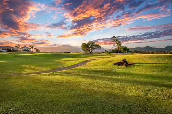 A golf course with a clear path, a large tree, and a distant building.