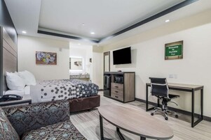 Una habitación de hotel moderna con cama, sofá, escritorio y televisor.