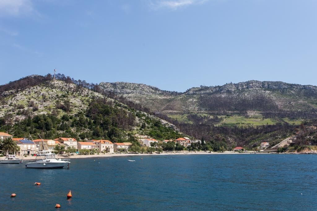 Un pueblo costero con edificios a lo largo del paseo marítimo, barcos en el agua y una colina con una torre al fondo.