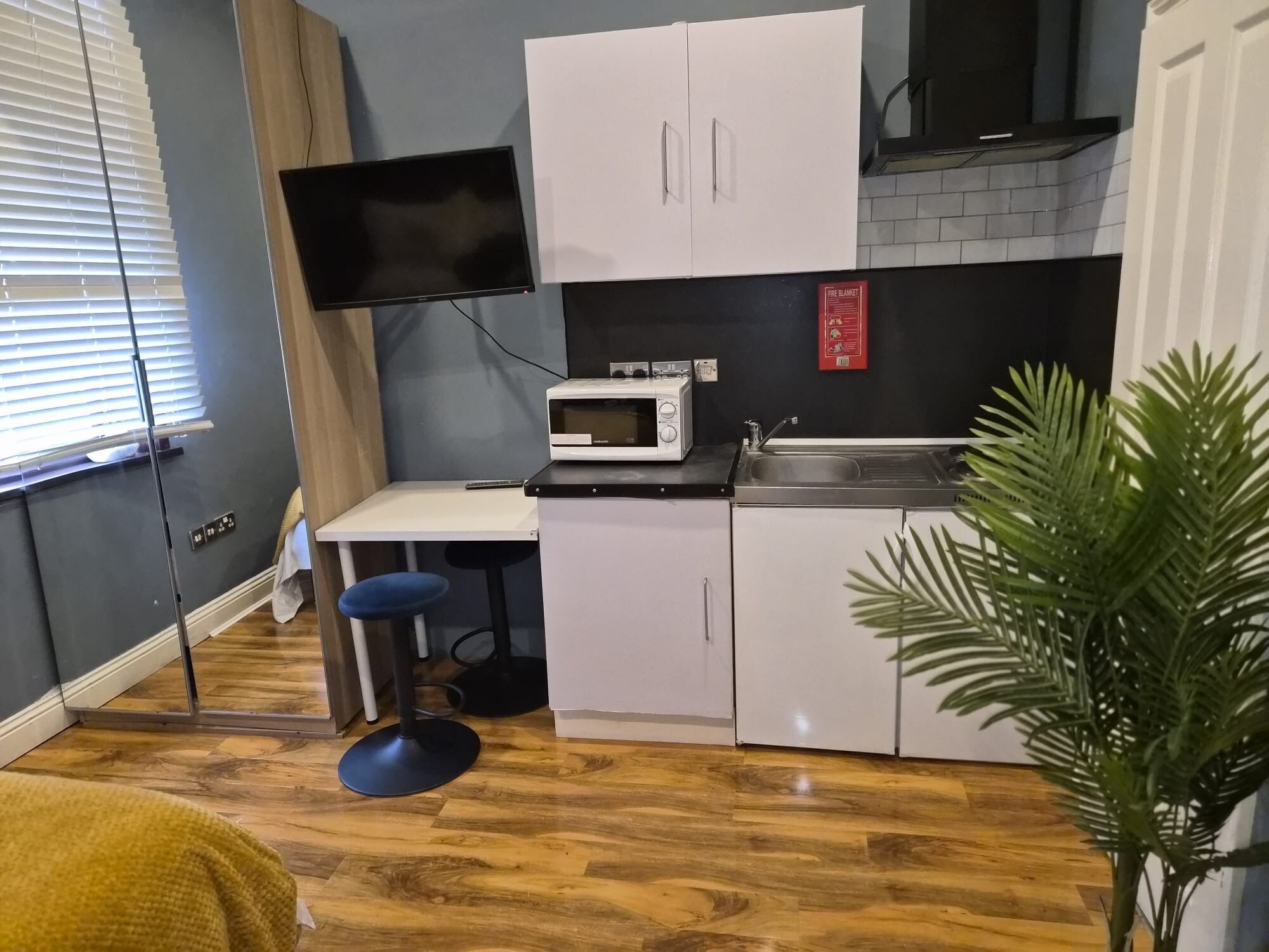 Fridge, microwave, stovetop, electric kettle