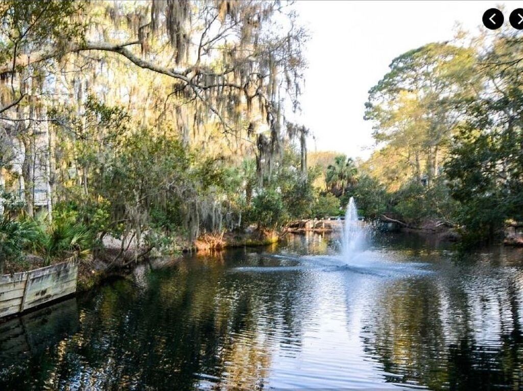 Un étang paisible avec une fontaine, entouré d’arbres et surmonté d’un pont en bois.