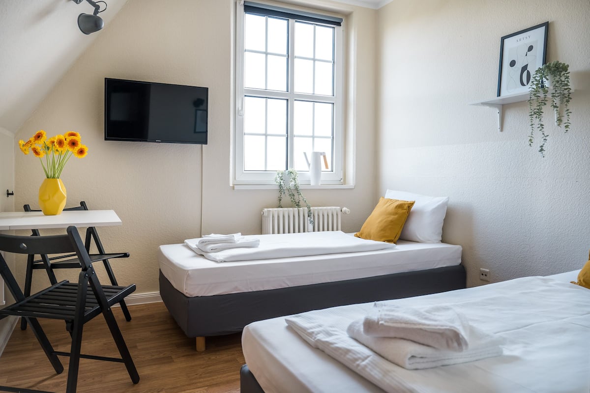 Quarto de hotel com uma cama, uma escrivaninha com cadeira, televisão, janela e planta.