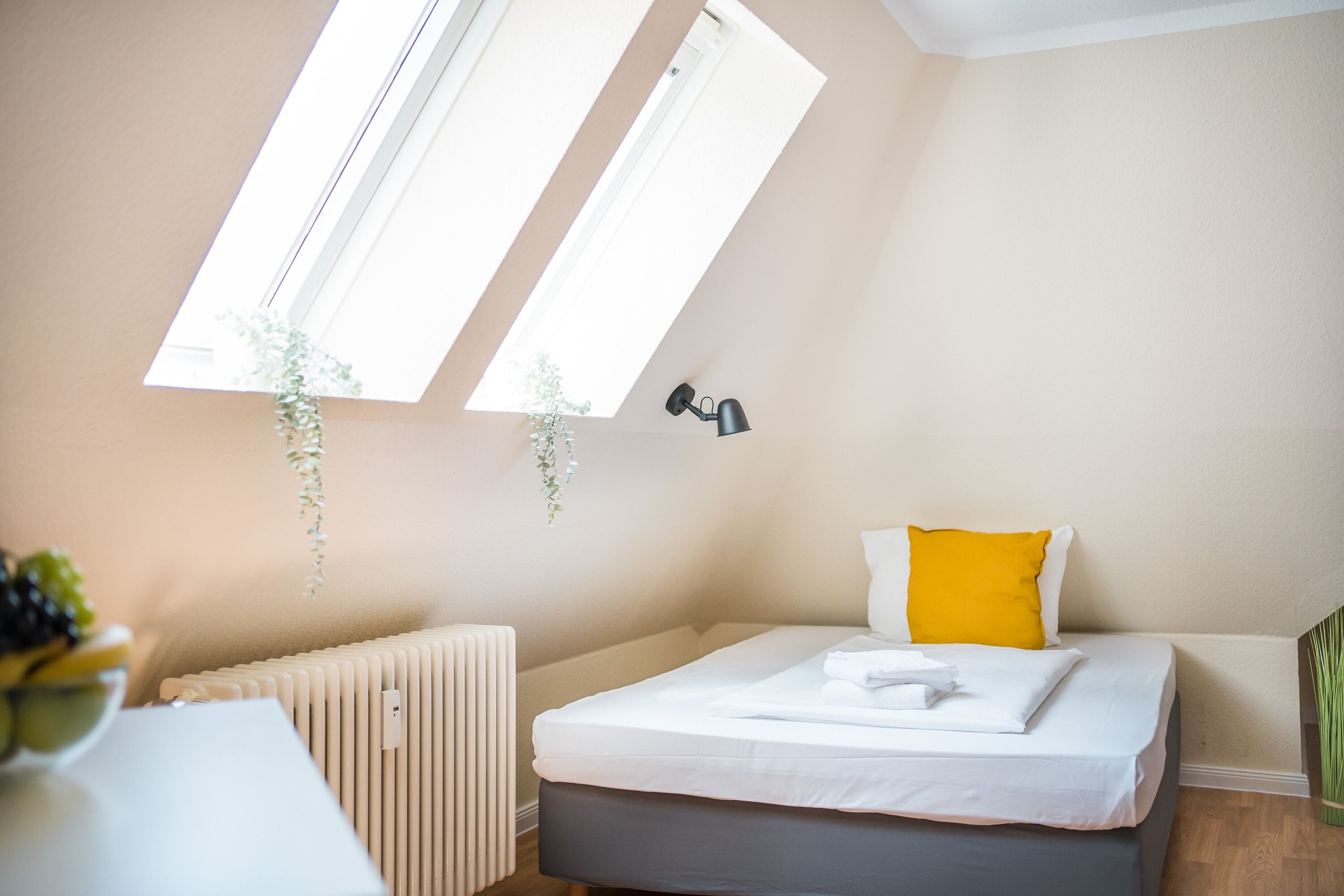 A bedroom with a bed, a radiator, a window with a view, and a plant.