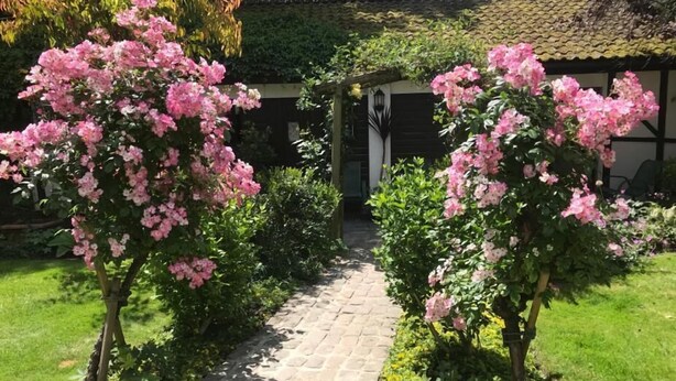 A garden pathway leading to a building with a tiled roof and a lantern. - West Lodge Hotel (Aylesbury)
