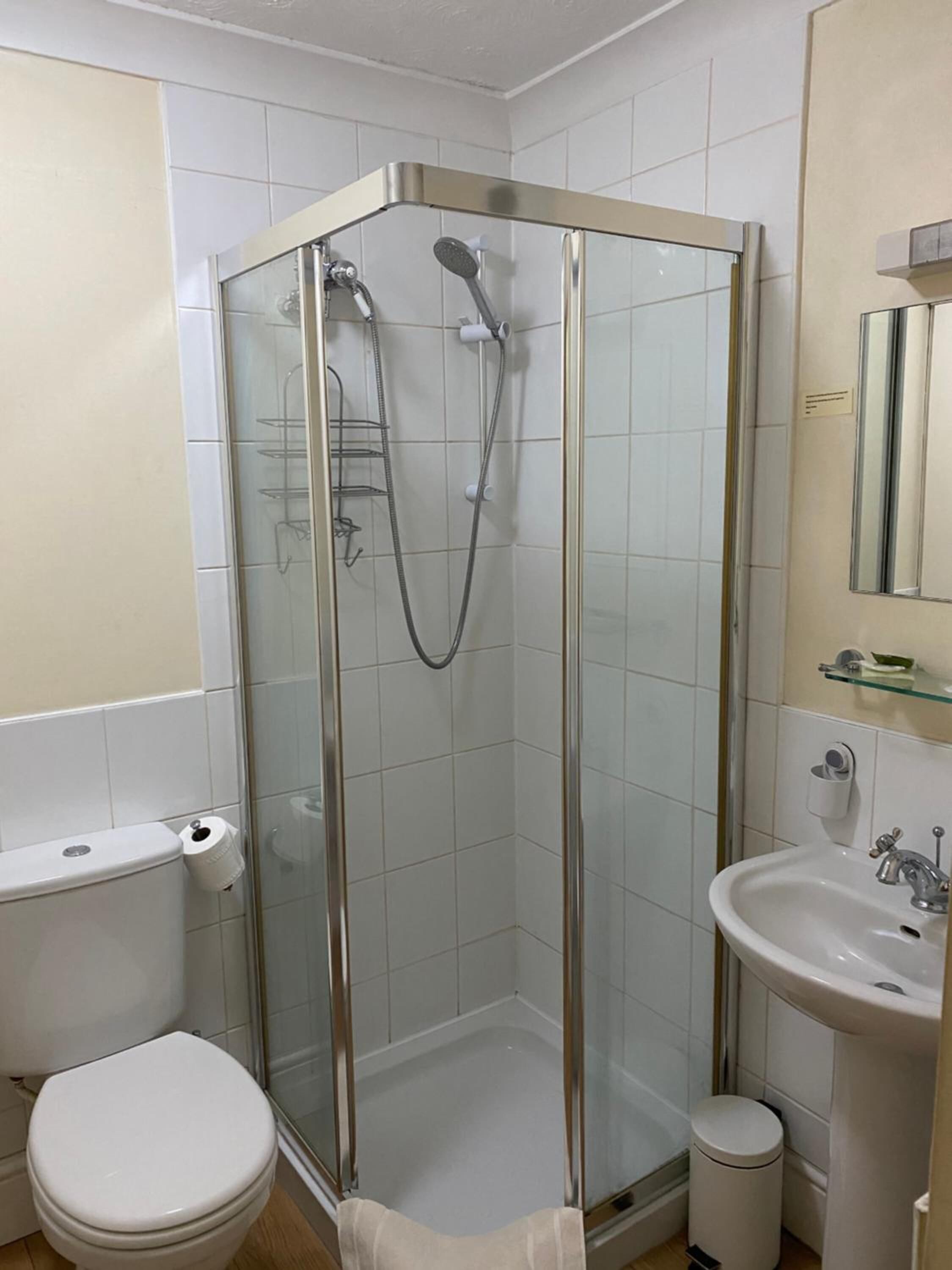 A modern bathroom with a glass-enclosed shower, a toilet, and a sink.