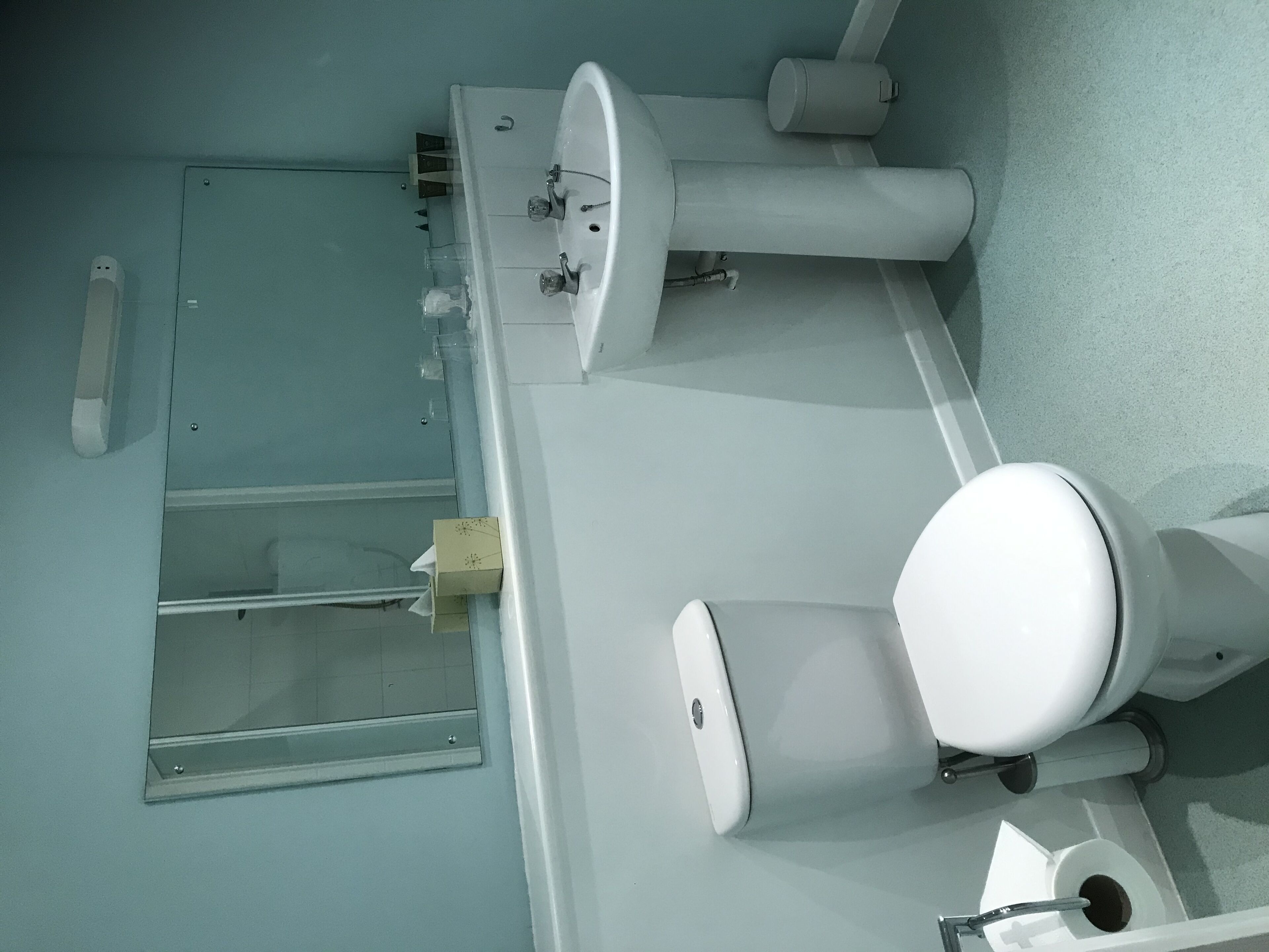 Une salle de bain comprenant des toilettes, un lavabo et un espace douche.