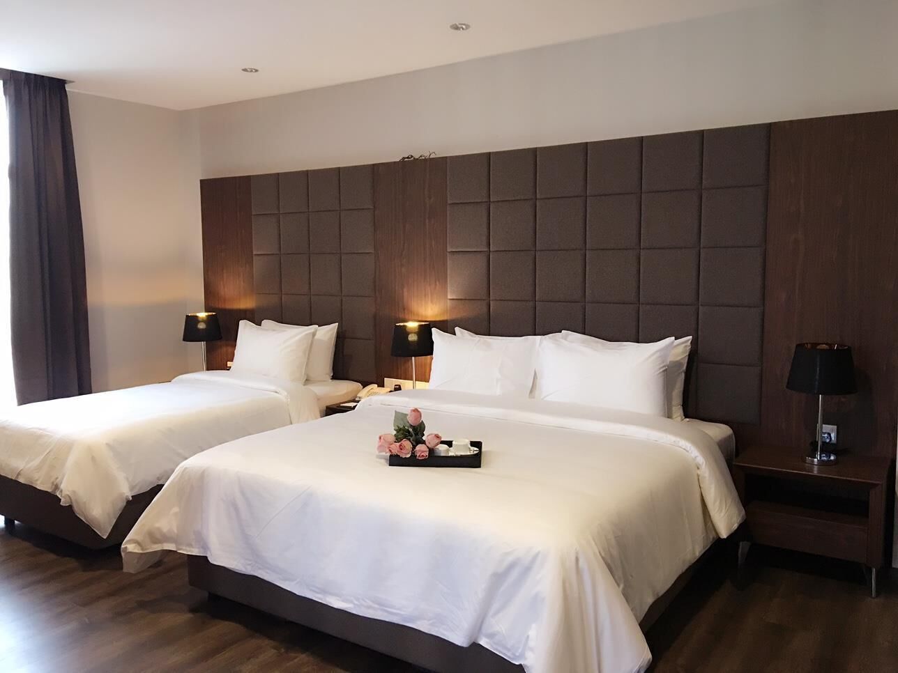 Pengeskab på værelset, skrivebord, mørklægningsgardiner, lydisolering