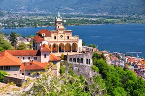 A historic building with a tower, situated by a lake with surrounding greenery and a view of the cityscape.